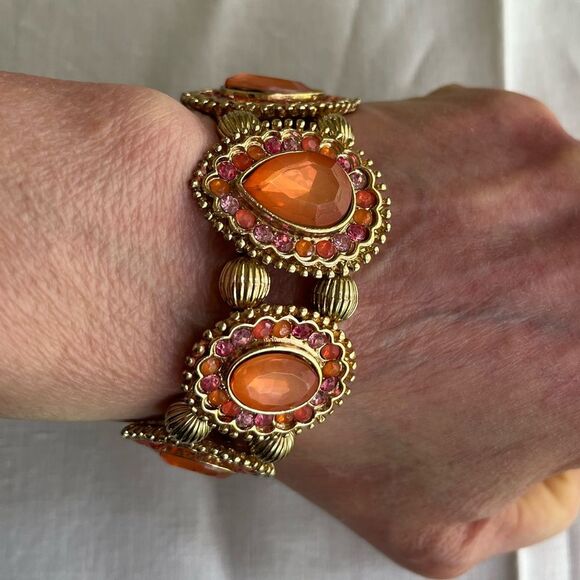 Bracelet, pink and orange stones with gold tone framing, double elastic - Picture 1 of 5